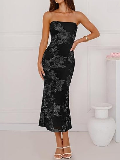 Summer Strapless Floral Bodycon Mesh Tube Formal Party Midi Dress