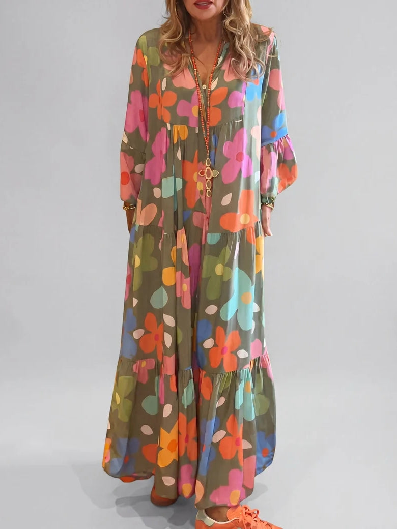 Women's Boho Bold Floral V-Neck Tiered Maxi Dress