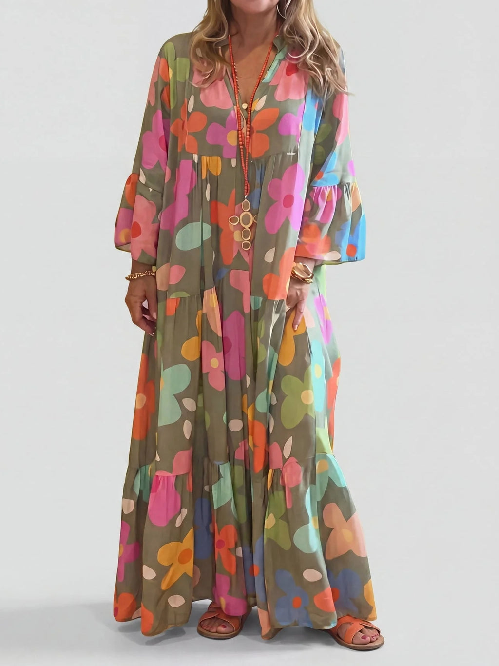 Women's Boho Bold Floral V-Neck Tiered Maxi Dress