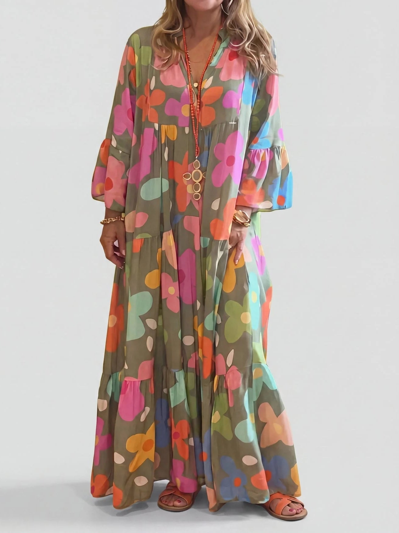 Women's Boho Bold Floral V-Neck Tiered Maxi Dress