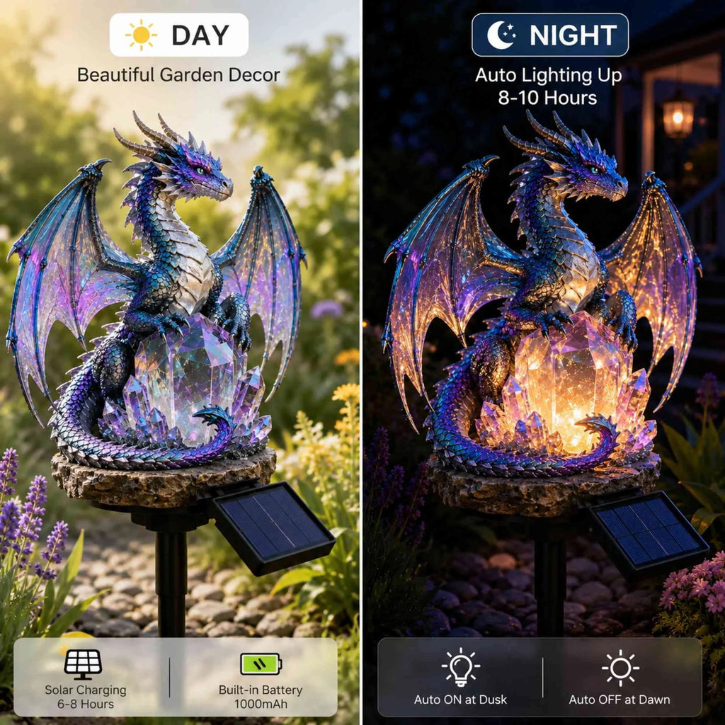 Amethyst Crystal Dragon Solar Garden Light, LED Dragon Statue Outdoor Yard Patio Decor