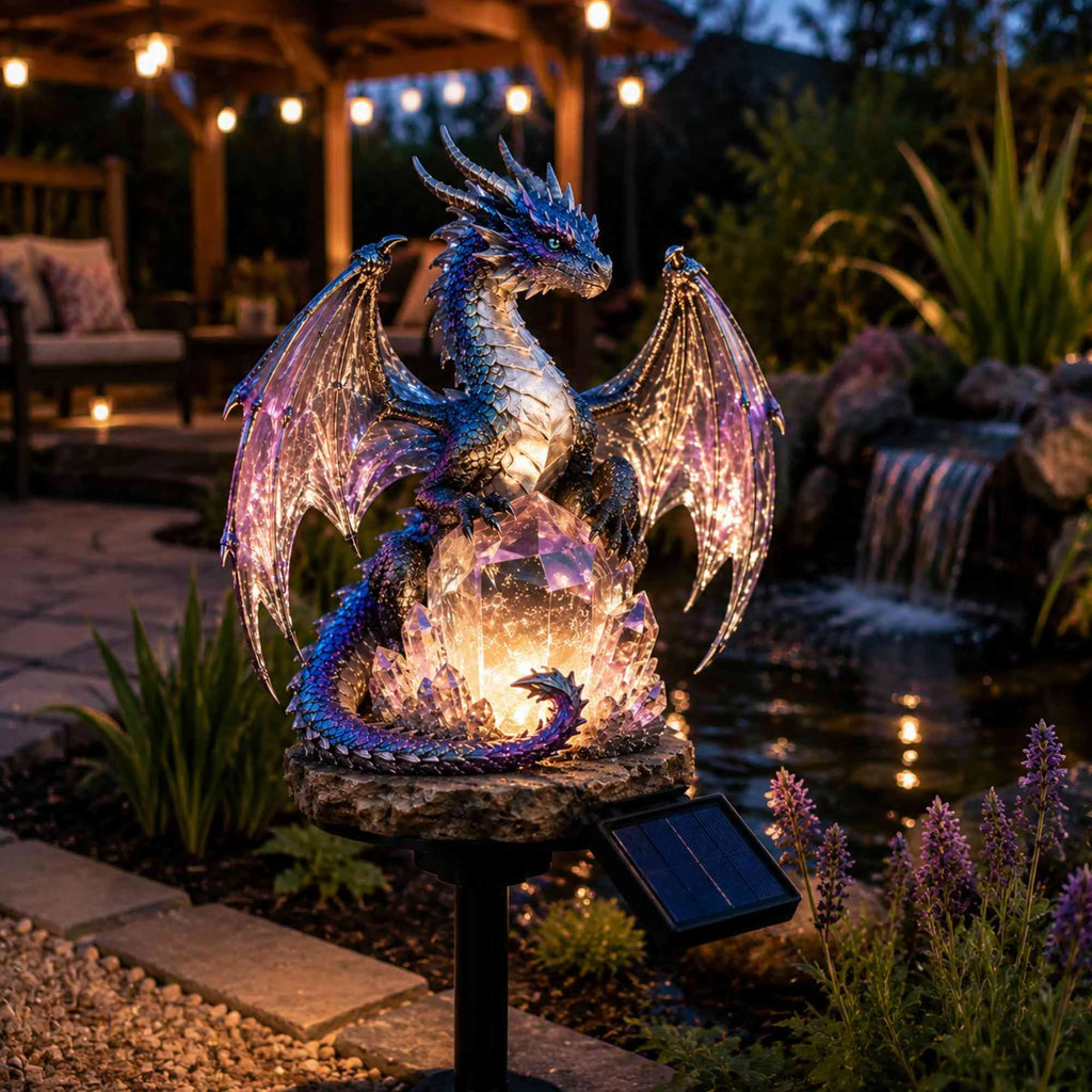 Amethyst Crystal Dragon Solar Garden Light, LED Dragon Statue Outdoor Yard Patio Decor