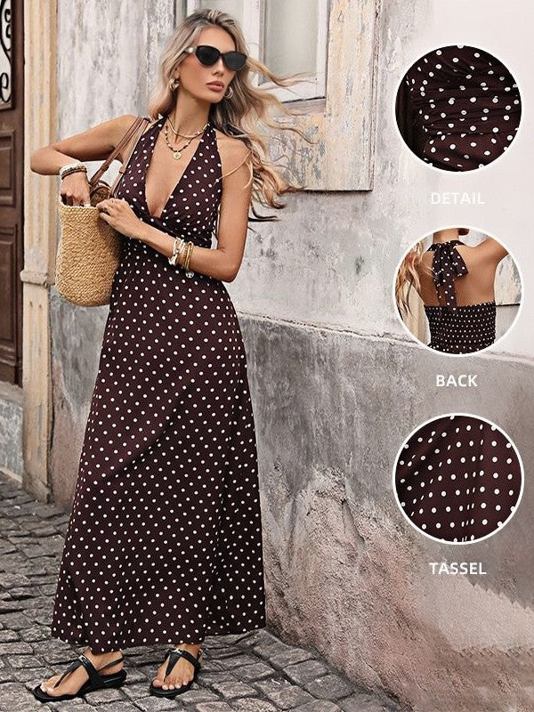 2026 New Sexy Retro Vacation Style Long Halter Neck V-Neck Polka Dot Dress