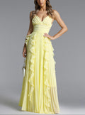 V-Neck Spaghetti Straps Pleated Chiffon Dress