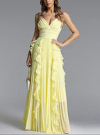 V-Neck Spaghetti Straps Pleated Chiffon Dress
