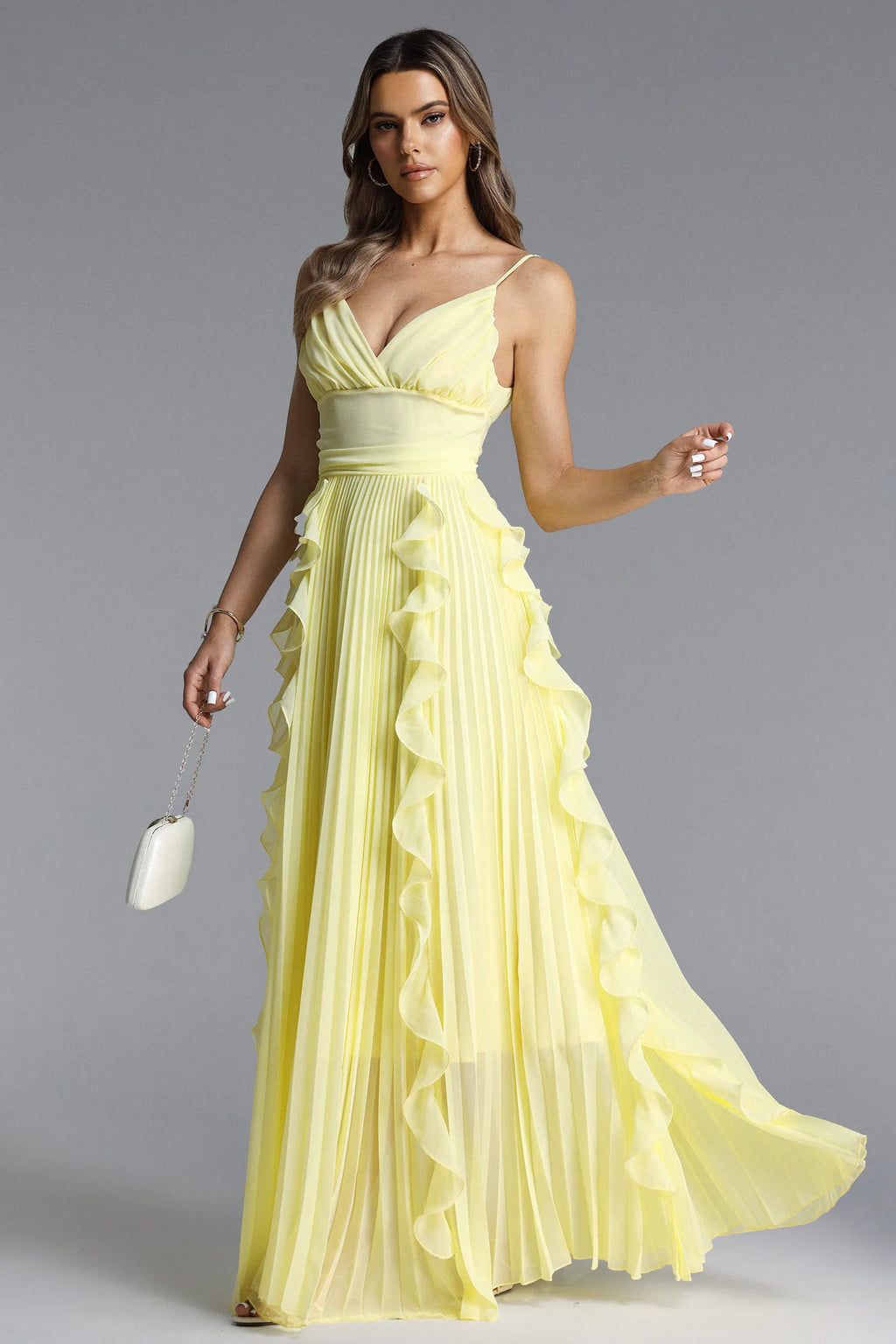 V-Neck Spaghetti Straps Pleated Chiffon Dress