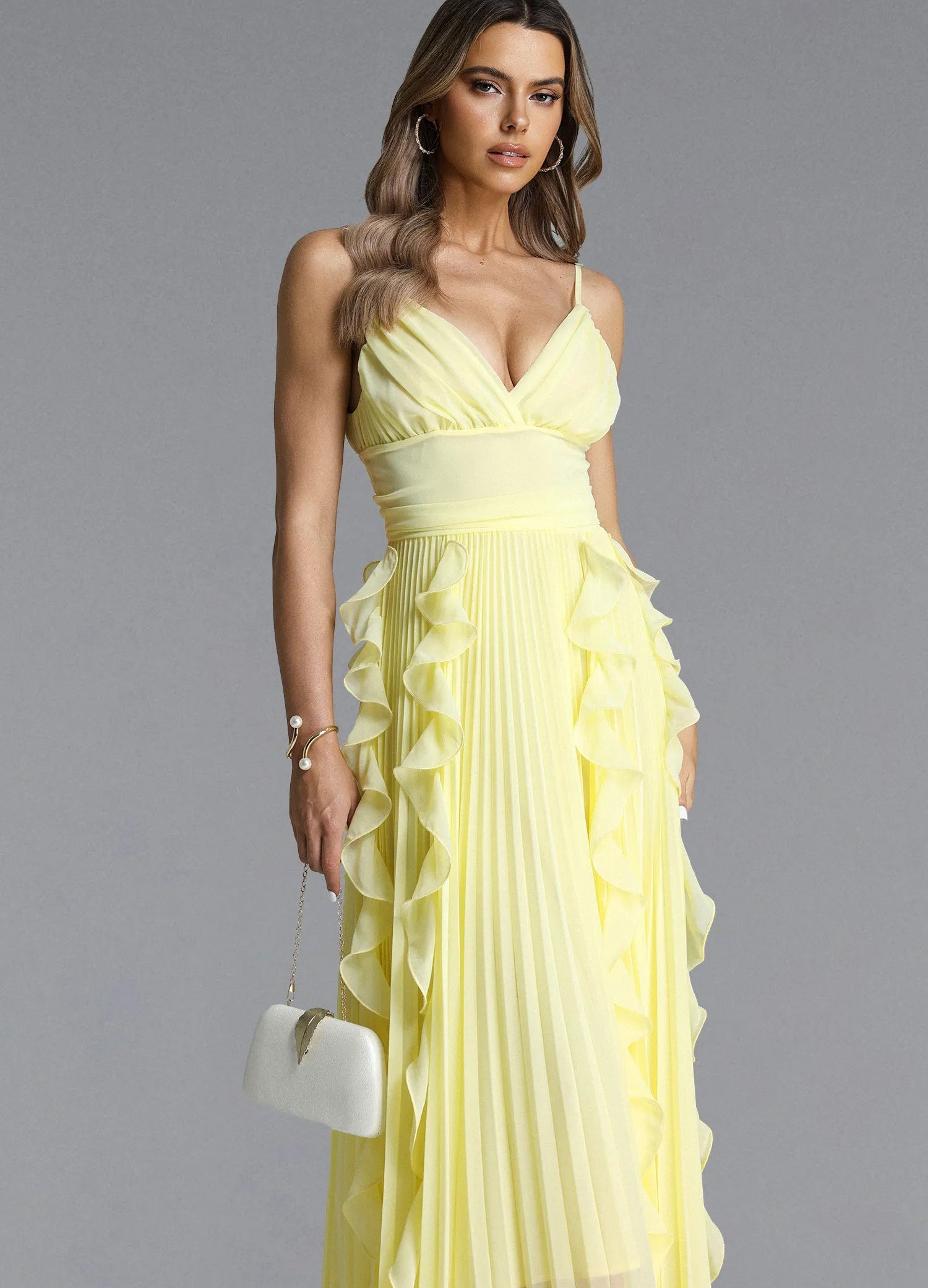 V-Neck Spaghetti Straps Pleated Chiffon Dress