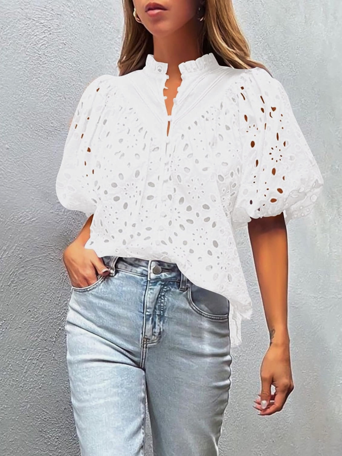 Women's Summer Tops 2026 Dressy Casual Short Sleeve V Neck Buttons Hollow Eyelet Lace Embroidered Blouses Shirts