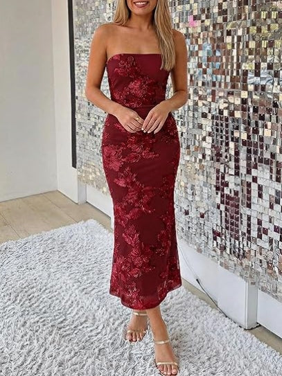 Cocktail Wedding Guest Dresses for Women 2026 Summer Strapless Floral Bodycon Mesh Tube Formal Party Midi Dress