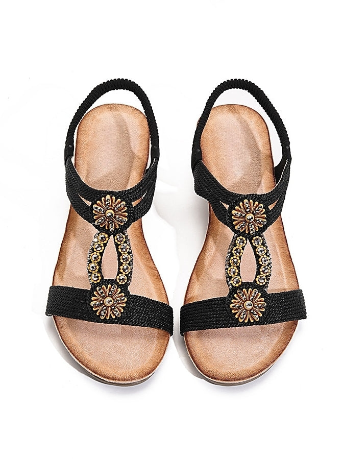 Womens Wedge Sandals Flower Low Heel Dressy Sandals Elastic Ankle Strap Rhinestone Summer Comfortable Shoes