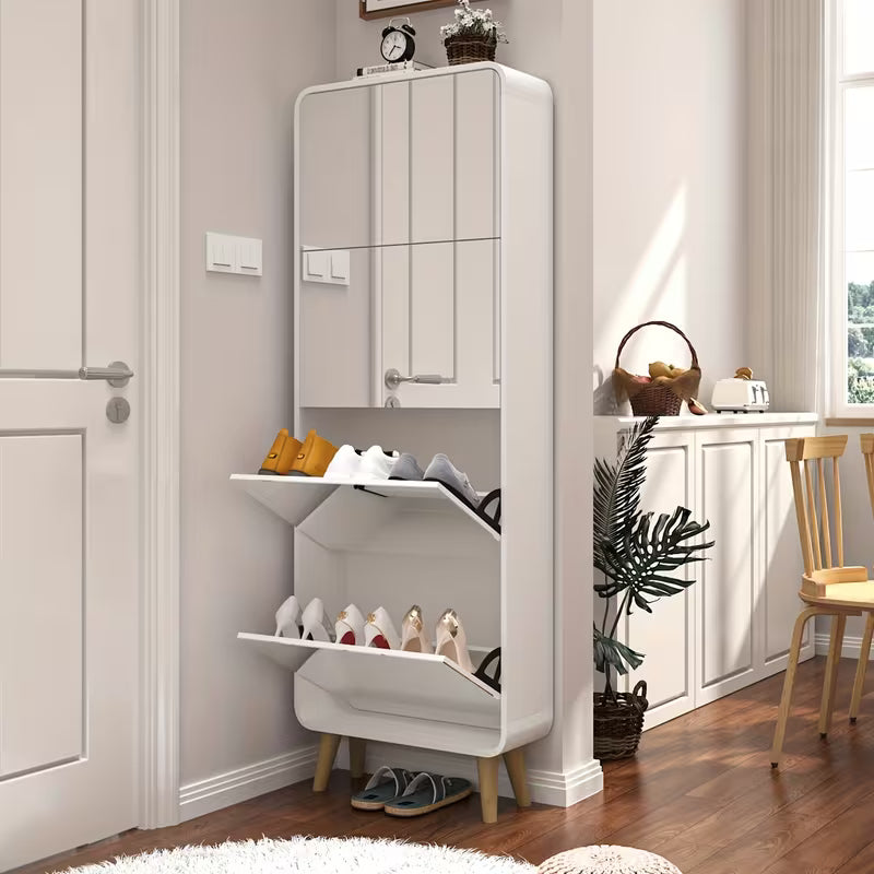 4-Drawer Mirrored Shoe Cabinet, Space-Saving Narrow Organizer with Flip Lids & Wood Legs, Hidden Storage for Up to 16 Pairs Of Shoes