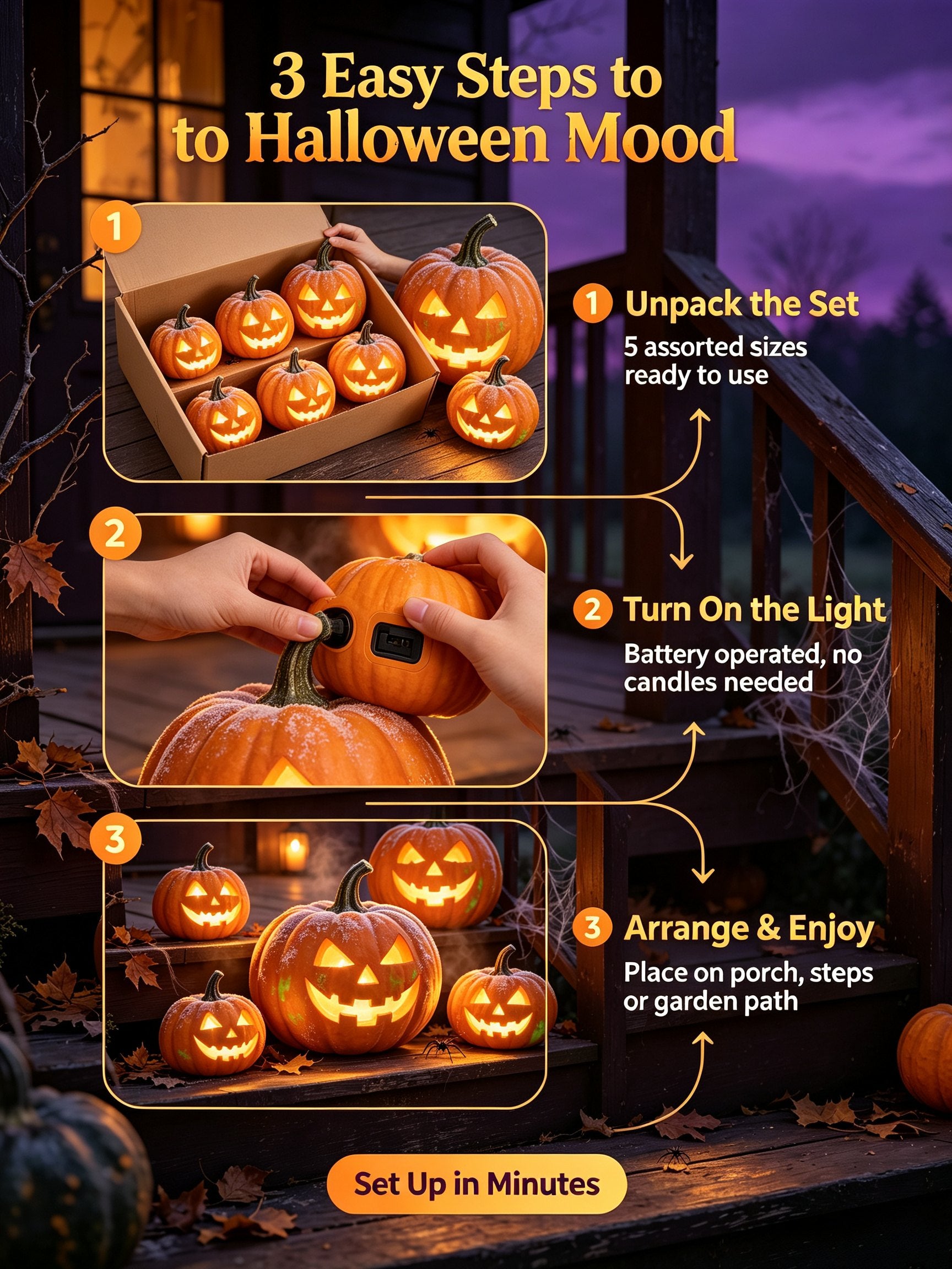 🎃5 Spooky Pumpkin Lights Halloween Decor Set
