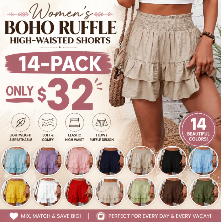 🛍️Women's Boho RuffleHigh-Waisted Shorts