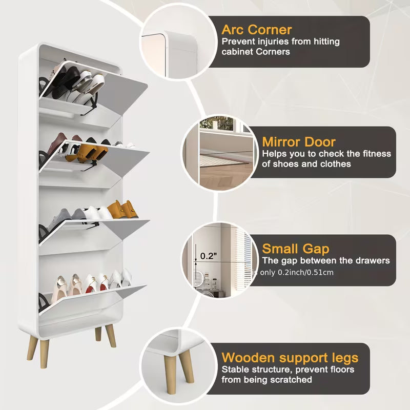 4-Drawer Mirrored Shoe Cabinet, Space-Saving Narrow Organizer with Flip Lids & Wood Legs, Hidden Storage for Up to 16 Pairs Of Shoes