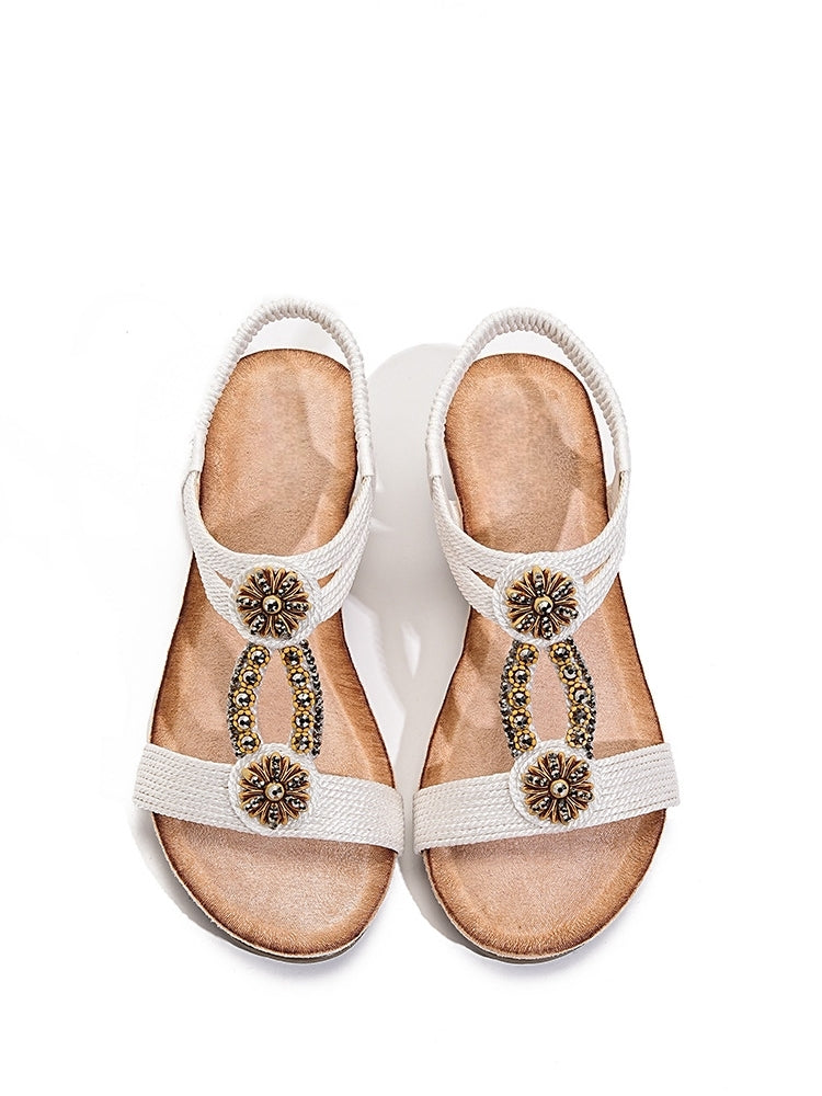 Womens Wedge Sandals Flower Low Heel Dressy Sandals Elastic Ankle Strap Rhinestone Summer Comfortable Shoes