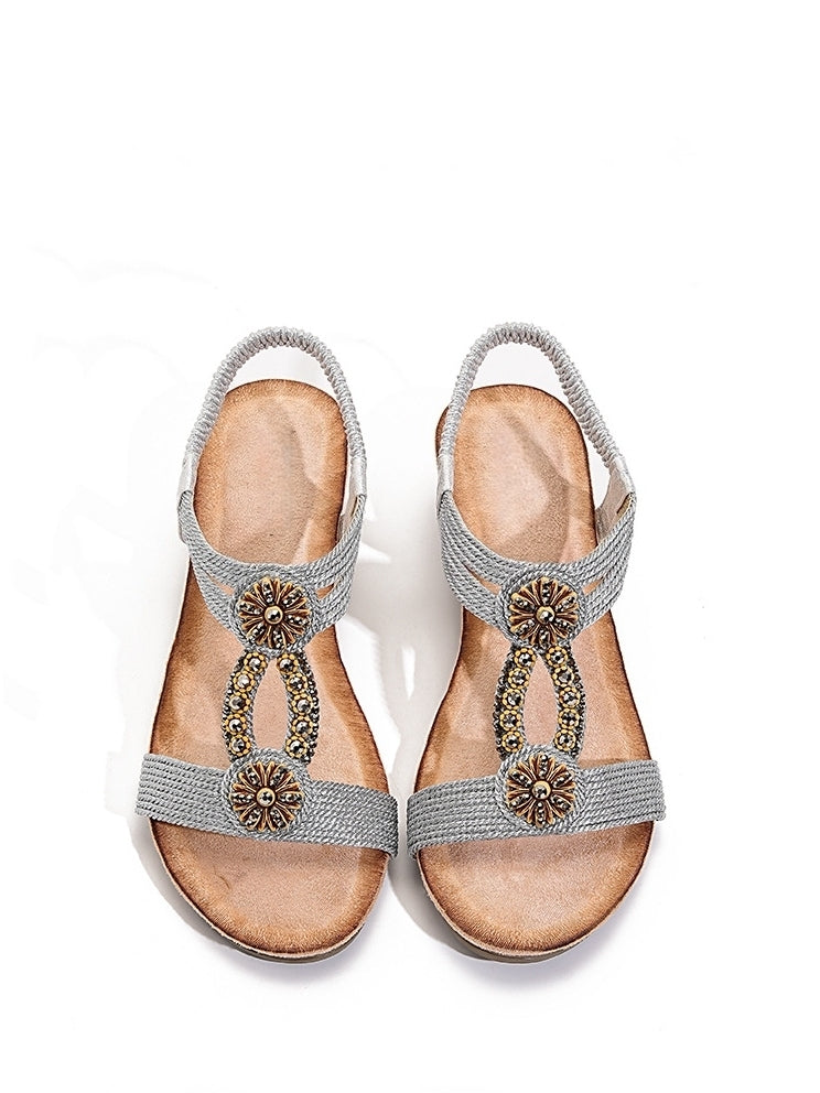 Womens Wedge Sandals Flower Low Heel Dressy Sandals Elastic Ankle Strap Rhinestone Summer Comfortable Shoes