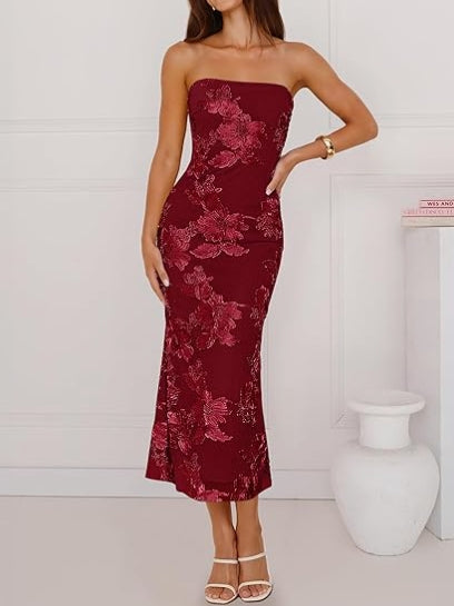 Summer Strapless Floral Bodycon Mesh Tube Formal Party Midi Dress