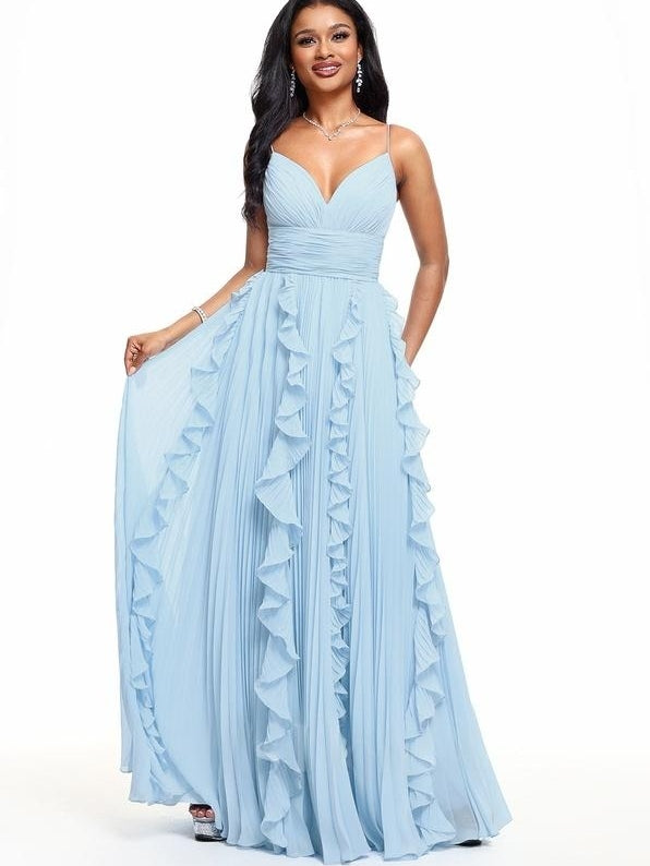 V-Neck Halter-Neck Pleated Dress