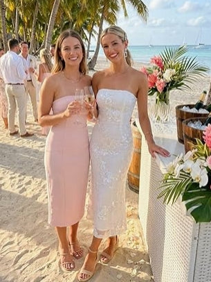Cocktail Wedding Guest Dresses for Women 2026 Summer Strapless Floral Bodycon Mesh Tube Formal Party Midi Dress