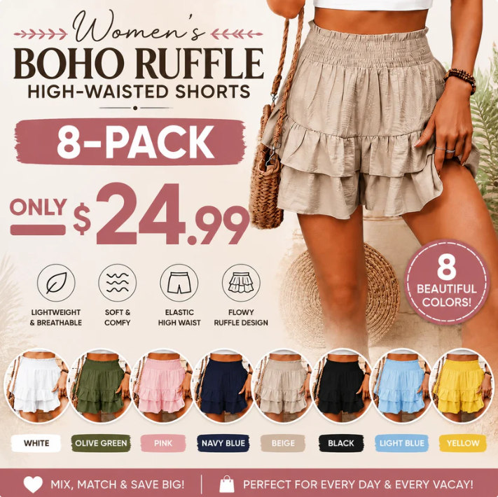 🛍️Women's Boho RuffleHigh-Waisted Shorts