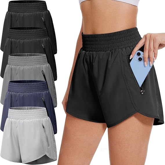 🛍️5 Pack Womens Athletic Shorts with Zipper Pockets