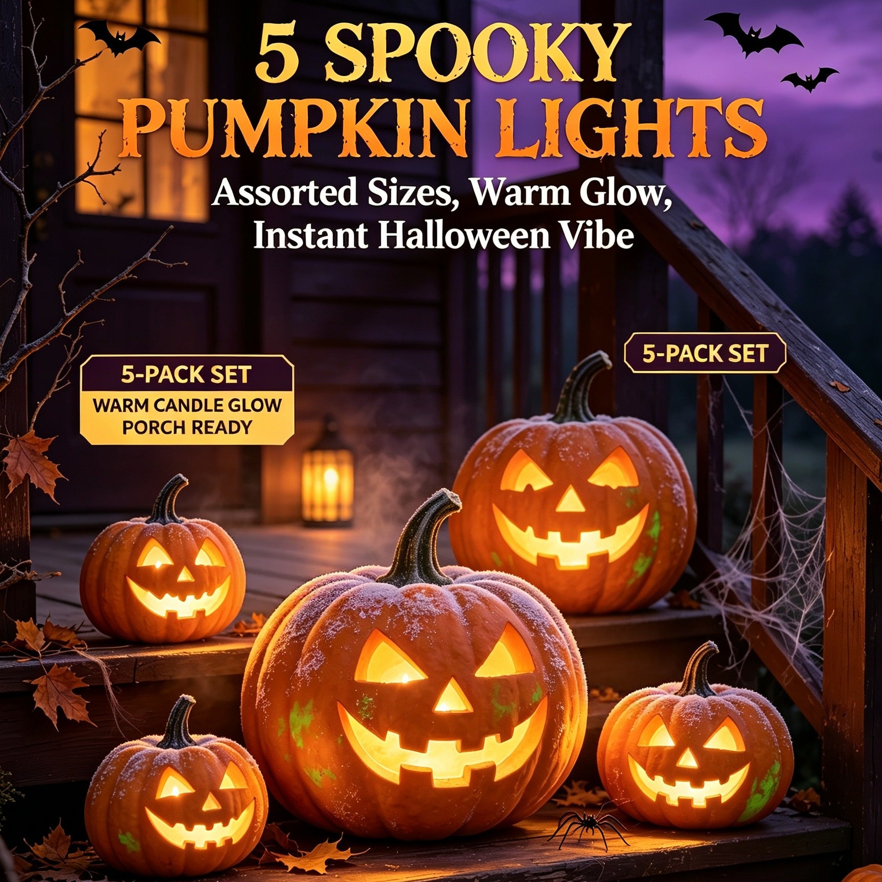 🎃5 Spooky Pumpkin Lights Halloween Decor Set