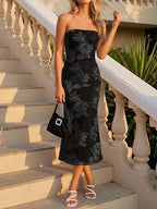 Cocktail Wedding Guest Dresses for Women 2026 Summer Strapless Floral Bodycon Mesh Tube Formal Party Midi Dress