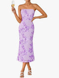Cocktail Wedding Guest Dresses for Women 2026 Summer Strapless Floral Bodycon Mesh Tube Formal Party Midi Dress