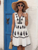 2026 Summer Boho Black Embroidery Sleeveless Mini Dress V-Neck Tiered Vacation Sundress
