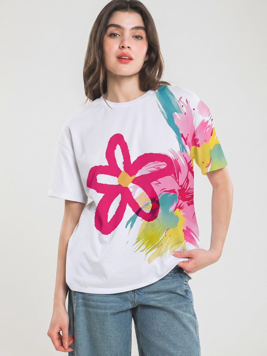 2026 Summer Fashion Women's T-shirt Artistic Watercolor Floral Oversized Tee Graffiti Short-Sleeve Top