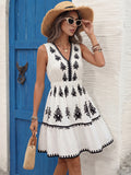 2026 Summer Boho Black Embroidery Sleeveless Mini Dress V-Neck Tiered Vacation Sundress