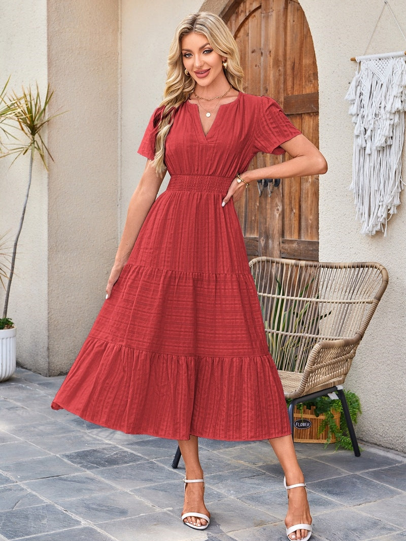 Summer V-neck ruched puff sleeve short-sleeved dress