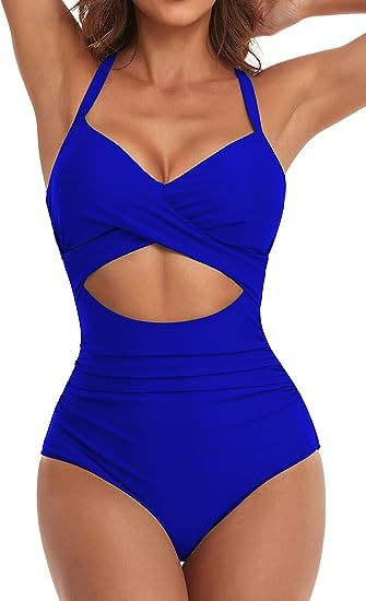 MONCEAU Women's One Piece Swimsuits Tummy Control Cutout High Waisted Bathing Suit Wrap Tie Back 1 Piece Swimsuit