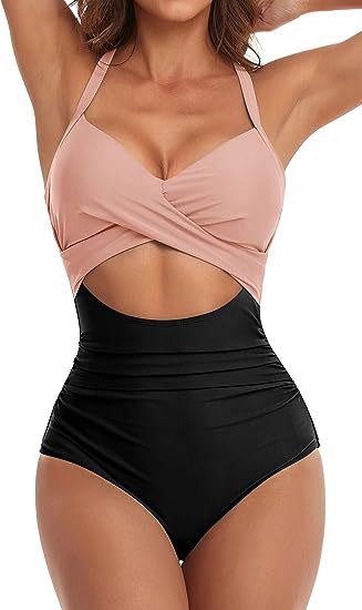 MONCEAU Women's One Piece Swimsuits Tummy Control Cutout High Waisted Bathing Suit Wrap Tie Back 1 Piece Swimsuit