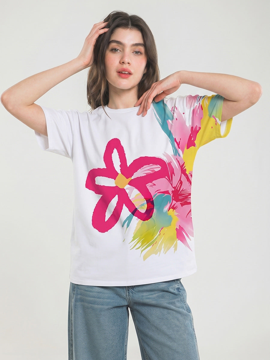 2026 Summer Fashion Women's T-shirt Artistic Watercolor Floral Oversized Tee Graffiti Short-Sleeve Top