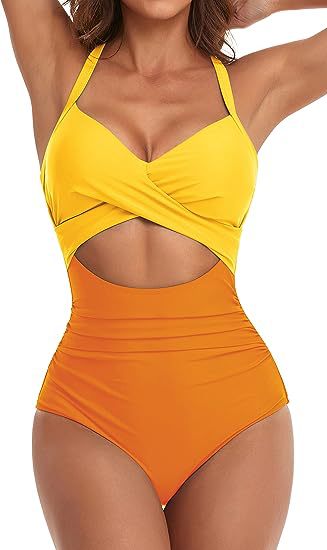 MONCEAU Women's One Piece Swimsuits Tummy Control Cutout High Waisted Bathing Suit Wrap Tie Back 1 Piece Swimsuit