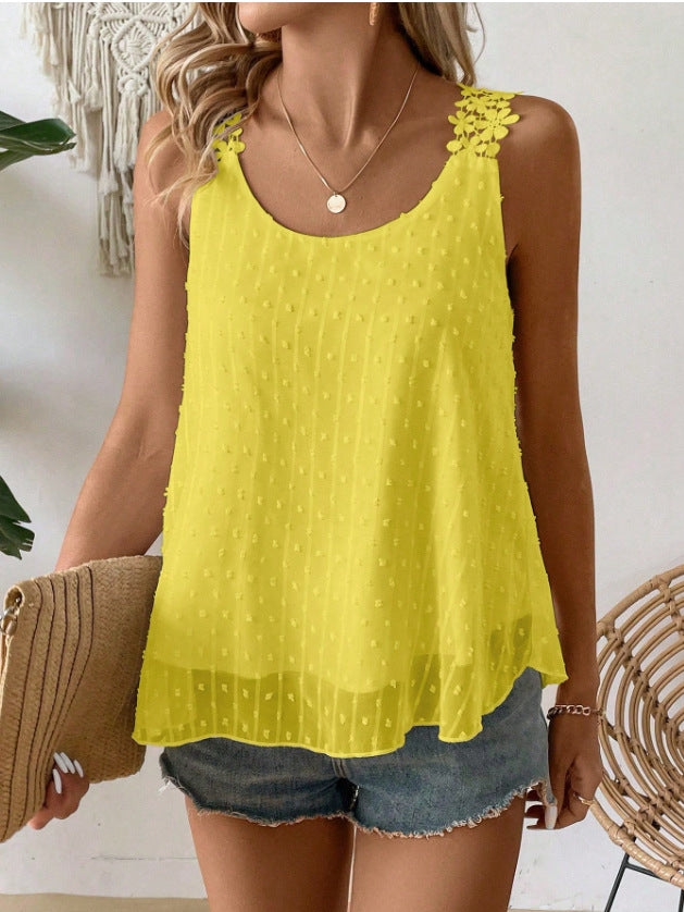 Womens Tank Tops Flowy Sleeveless Summer Boho Tank Top for Women Casual Crewneck Strap Lace Camisole Shirts