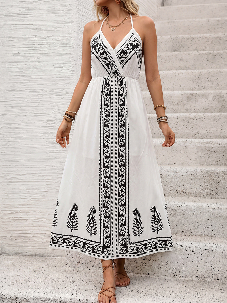 2026 Boho Black Floral Print Spaghetti Strap Maxi Dress Back Tie Halter Vacation Sundress
