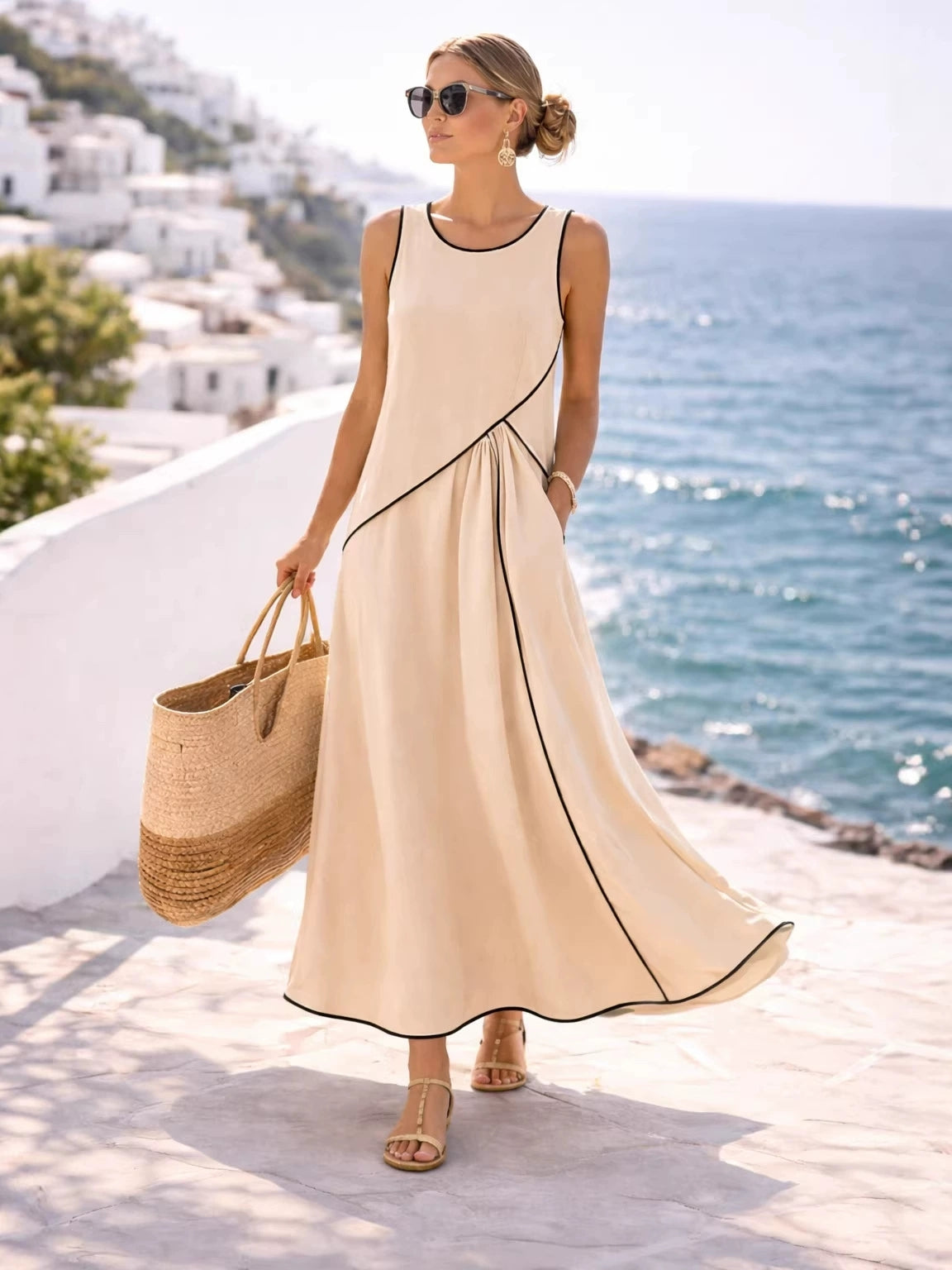 2026 Summer New Women's Mediterranean Resort Style Dress with Color Block Trim A-line Skirt