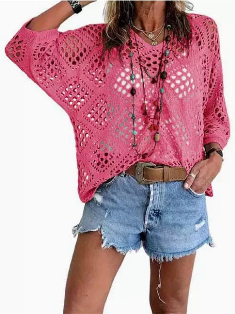 Women's Boho Summer V-neck Openwork Cardigan Knit Cover-up
