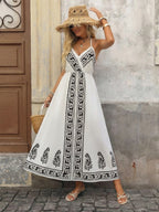 2026 Boho Black Floral Print Spaghetti Strap Maxi Dress Back Tie Halter Vacation Sundress