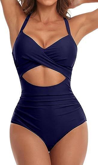 MONCEAU Women's One Piece Swimsuits Tummy Control Cutout High Waisted Bathing Suit Wrap Tie Back 1 Piece Swimsuit