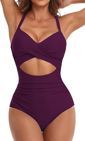 MONCEAU Women's One Piece Swimsuits Tummy Control Cutout High Waisted Bathing Suit Wrap Tie Back 1 Piece Swimsuit