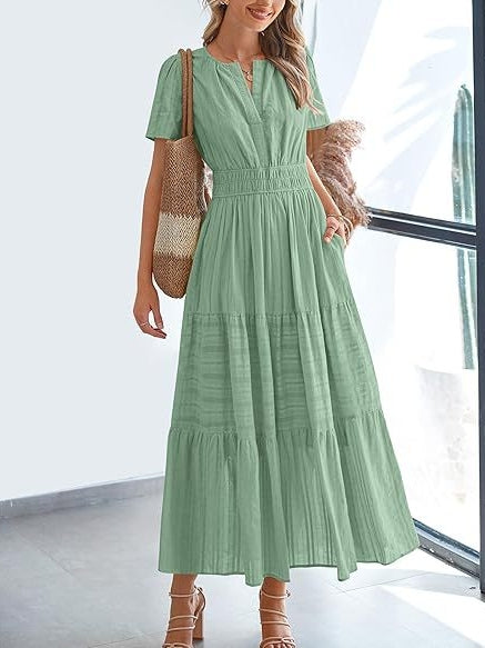 Summer V-neck ruched puff sleeve short-sleeved dress