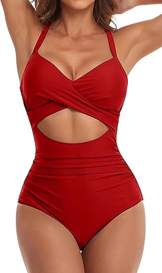MONCEAU Women's One Piece Swimsuits Tummy Control Cutout High Waisted Bathing Suit Wrap Tie Back 1 Piece Swimsuit