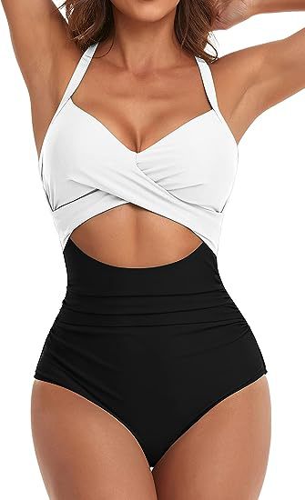 MONCEAU Women's One Piece Swimsuits Tummy Control Cutout High Waisted Bathing Suit Wrap Tie Back 1 Piece Swimsuit