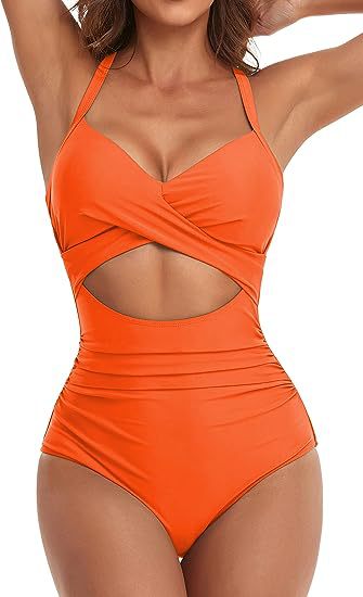MONCEAU Women's One Piece Swimsuits Tummy Control Cutout High Waisted Bathing Suit Wrap Tie Back 1 Piece Swimsuit