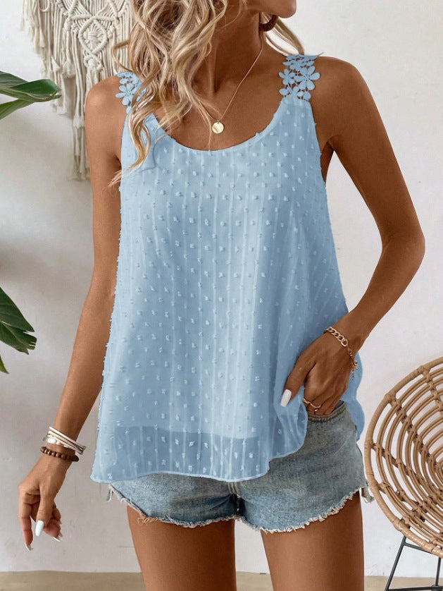 Womens Tank Tops Flowy Sleeveless Summer Boho Tank Top for Women Casual Crewneck Strap Lace Camisole Shirts