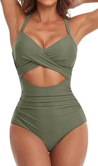 MONCEAU Women's One Piece Swimsuits Tummy Control Cutout High Waisted Bathing Suit Wrap Tie Back 1 Piece Swimsuit