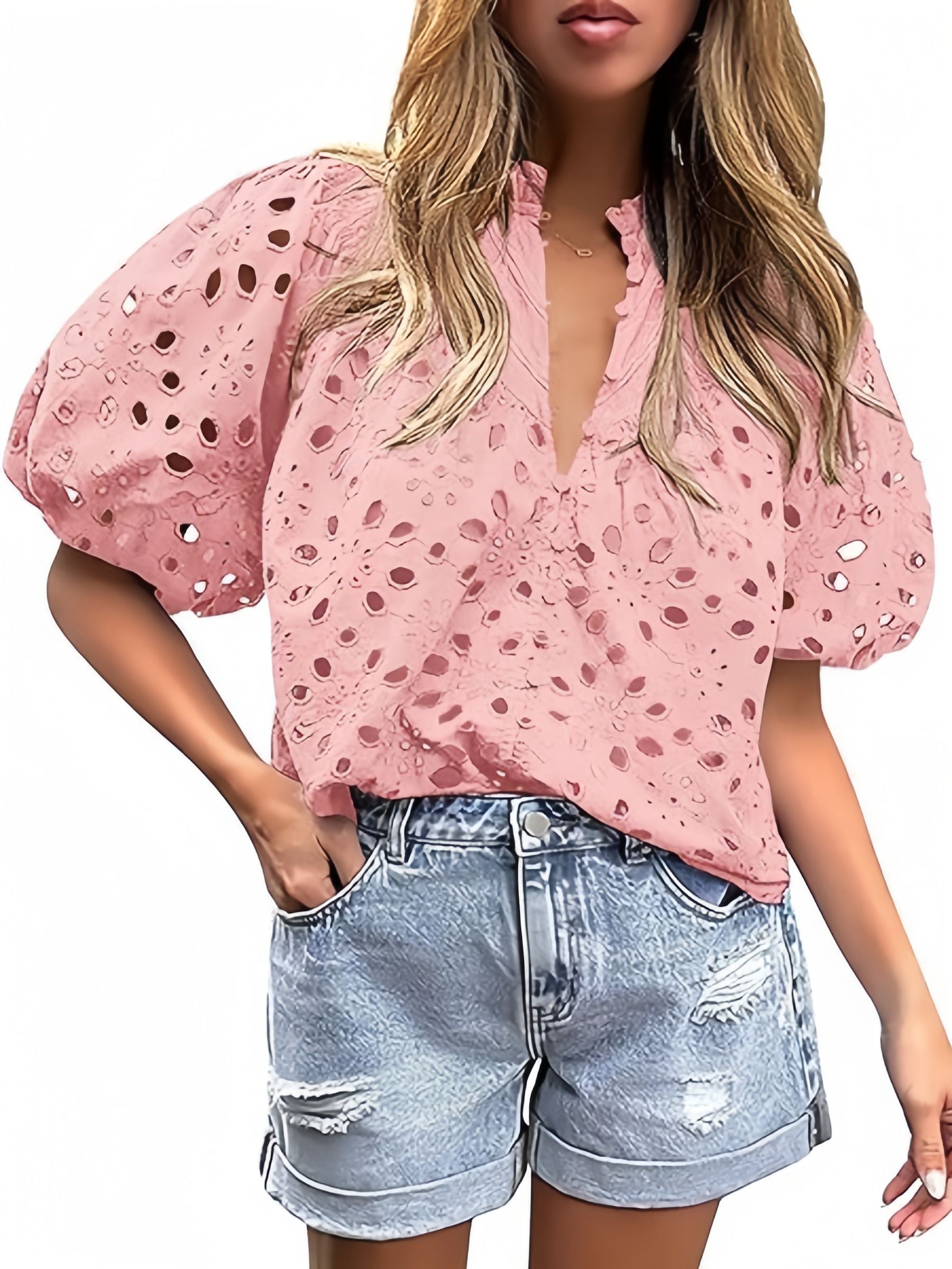 Women's Summer Tops 2026 Dressy Casual Short Sleeve V Neck Buttons Hollow Eyelet Lace Embroidered Blouses Shirts